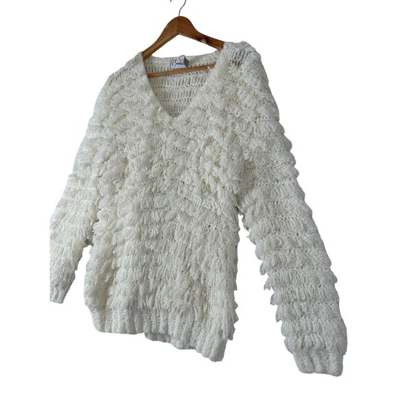 Vintage Carducci Fuzzy Sweater Womens Large Ivory Long Sleeve Chunky Vneck - Picture 2 of 15